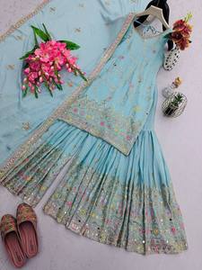 Robe de soirée ethnique indienne Kurti Sharara Dupatta Salwar Kameez en coton et soie, robe de soirée en georgette FF651FNSC, séchage rapide - Product Image 5