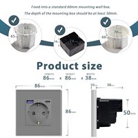 Prise murale UBARO 86 mm EU avec charge rapide USB Type-C PD 20 W, panneau en verre trempé Schuko 16 A, prise de courant de luxe grise