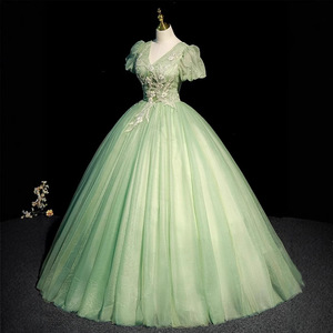 Green Ball Gown V Neck Empire Waist Floral Print Tutu Evening Dress For Coming Of Age Ceremony - Product Image 3
