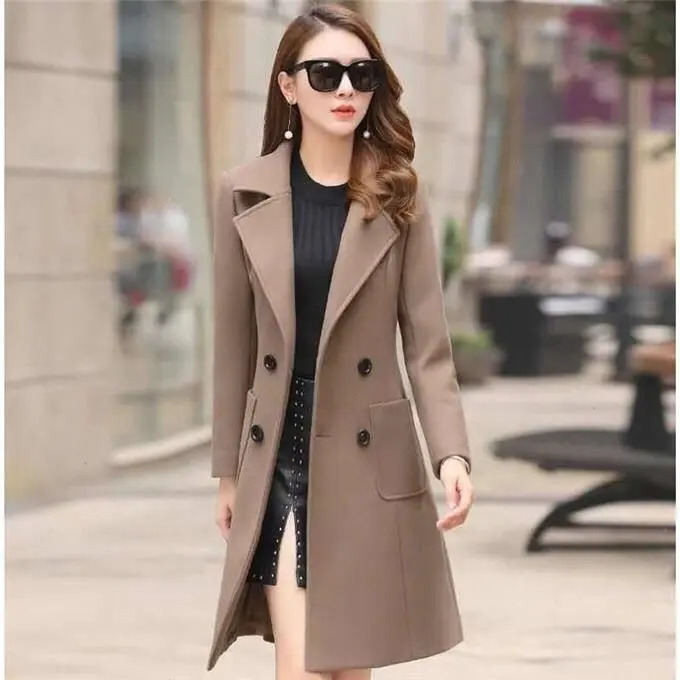 Abrigos elegantes para mujer de invierno y otoño al por mayor, gabardina de doble botonadura con cuello entallado, abrigo de mezcla de lana para mujer