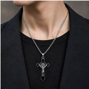 yunnique Stainless Steel <b>Cross</b> Pendant Necklace For Men Geometric Design Black And Silver Tone Crucifix Religious Jewelry - Product Image 4