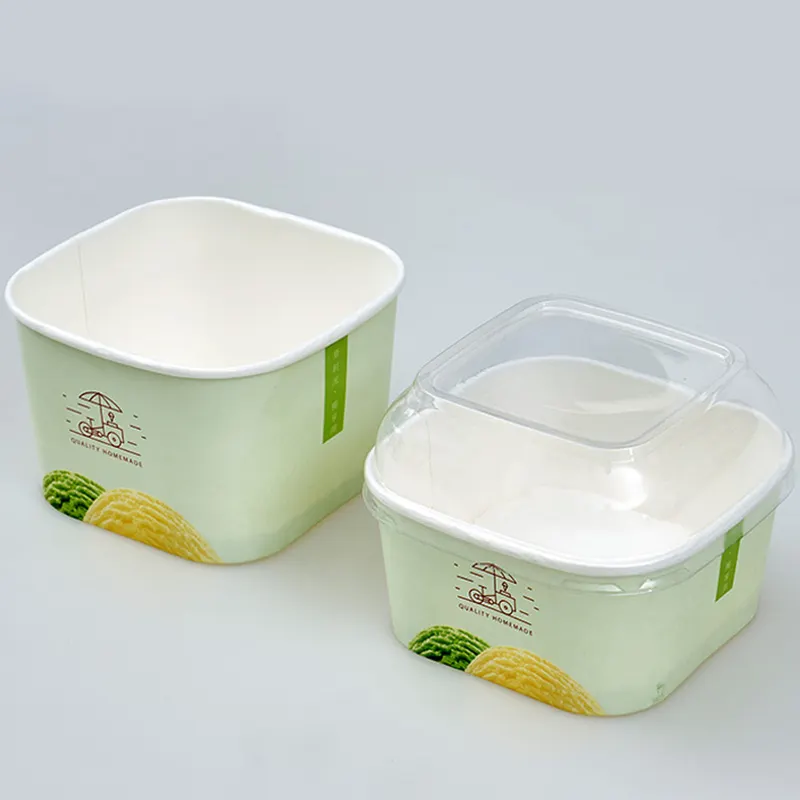 Biodegradable Baxy Ice Cream Cup Customized Paper Square UBE Ice Cream Bowl with clear Lid