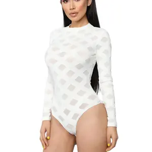 OEM O-ansatz Lange Hülse Bodycon Bodysuit Für Frauen Weiß Sehen Durch Ein Stück Tops