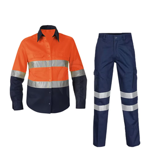 Manches longues coton réfléchissant porter sécurité haute visibilité vêtements <span class=keywords><strong>de</strong></span> <span class=keywords><strong>travail</strong></span> pour hommes 2 pièces bleu marine boutonné chemises et pantalons <span class=keywords><strong>de</strong></span> <span class=keywords><strong>travail</strong></span> - Product Image 2