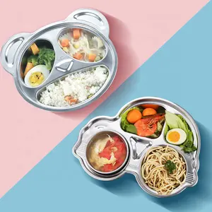 Bandeja infantil de aço inoxidável, desenho animado, prato para comida, salada, frutas, com compartimento