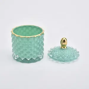 Luxury small blue color Glass Candle Containers with Lids in bulk