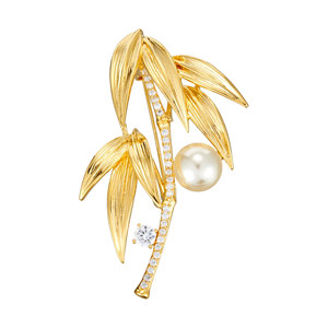 Gold Bamboo Leaf Brooch With Pearl And Zircon Women's Fashion Party Jewelry Zinc Alloy Micro Insert Design - Product Image 5