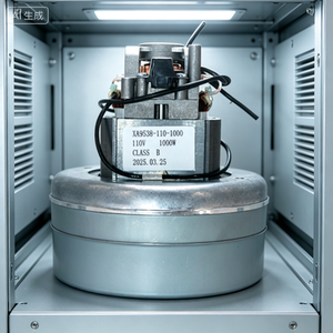 Moteur de remplacement pour aspirateur avec boîtier de ventilateur argenté, bobinages en cuivre, arbre central, supports de balais de charbon, base métallique et câblage - Product Image 1