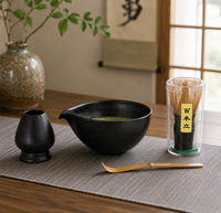 Ensemble de bols à matcha avec logo personnalisé, ensemble de thé en céramique noire mate avec support pour fouet, cuillère en bambou, boîte cadeau pour cérémonie du thé