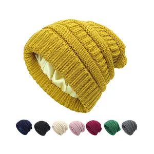 New Fashionable Wholesale Satin Lined Beanie Hat Warm Winter Knitted Custom Logo Caps Hats For Girls Ladies