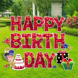 생일 축하 잔디 표지판 파티 장식 표지판 뒤뜰 축하 및 야외 파티를위한 비바람에 견디는 골판지 플라스틱