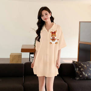 Yaoting nouveau été Satin chemise de nuit pour les femmes à manches courtes col rabattu taille élastique dessin animé motif Homewear ensemble SQ3197 - Product Image 2