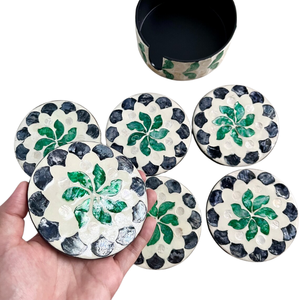 Ensemble de sous-verres ronds élégants en incrustation de nacre Plateau de table en bambou 6 pièces avec support Conception inspirée de la tasse à thé - Product Image 3