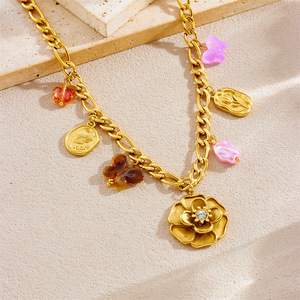Fashionable Butterfly Camellia Pendant Chain Gold Plated Stainless Steel Necklace Gift Jewelry - Product Image 2