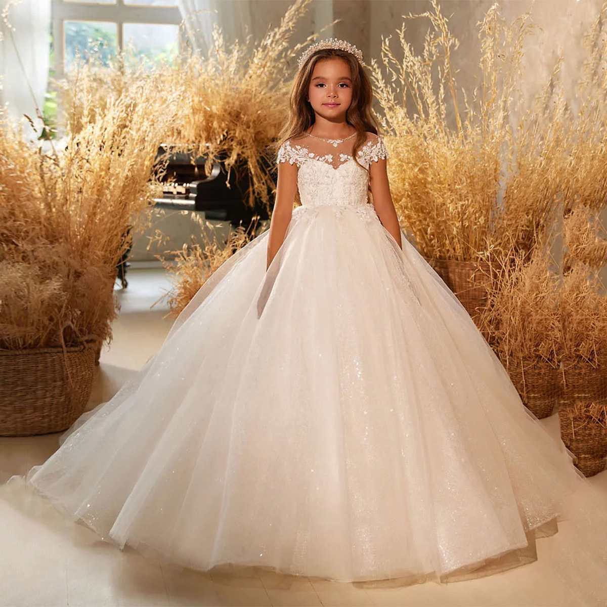Girl white lace Puff Sleeves wedding princess dress girl One-Piece Host  Performance Costume Birthday Flower dress| Alibaba.com