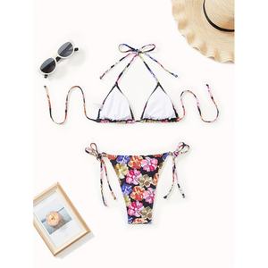 ชุดว่ายน้ำ OEM แบบผูกเชือก ลายดอกไม้ โลโก้สั่งทำได้ คอวี ดีไซน์โดดเด่น สีม่วง เสื้อผ้าผู้หญิง บิกินี่ ชุดว่ายน้ำ - Product Image 2