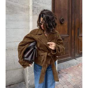 Custom 2026 Brown <b>Suede</b> Jacket <b>Women</b> Wrap Tie Full Sleeve Winter Outwear Windproof <b>Coat</b> - Product Image 4