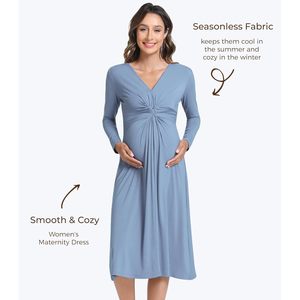 Vestido de Maternidad para Mujer, Cuello en V, Manga Larga, Corte en A, Cintura Imperio, Transpirable, Informal - Product Image 4