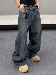Hip Hop Erkek Rahat Eskitme Efektli Bol Paça Geniş Bacak Kot Pantolon Yıkanmış Düz Paça Kot Erkek Kot Pantolonu - Product Image 5