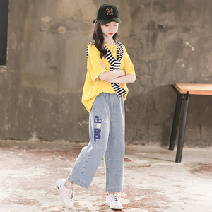 Girls Summer Woolen Solid Plus Size Two-Piece Set 2022 New Children's Trend Short-Sleeved <b>Jeans</b> Sports - Product Image 4