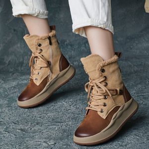 Nouvelles Chaussures de Sport pour Femmes CHUKKA en Cuir de Vachette Fait Main Style Britannique Automne-Hiver, Bloc de Couleurs, Velours Épais, Lacets à la Cheville, Antidérapantes - Product Image 3