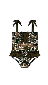 S0755 Traje de Baño Personalizado para Niña Pequeña, Estampado de Camuflaje Verde, Venta al por Mayor, Traje de Baño de Manga Corta de 2 Piezas - Product Image 5