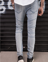 Nouveau jean pour homme pantalon slim stretch à jambe droite pantalon plissé décontracté déchiré jeune jean motard