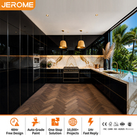 Conjunto Completo de Armários de Cozinha Modernos com Design Personalizado, Luxuoso, Preto Brilhante, em Formato U, com Pia e Torneira
