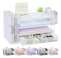Organizador de Archivos de Escritorio de 4 Niveles con Cajón y 2 Portaplumas, Accesorios de Oficina, Organizador de Archivos, Organizador de Espacio de Trabajo, Gris