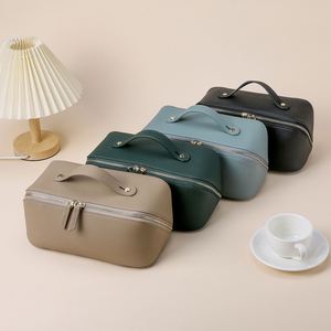 Sac à main multifonctionnel en cuir véritable pour femme avec double fermeture éclair, rangement portable pour cosmétiques - Product Image 2