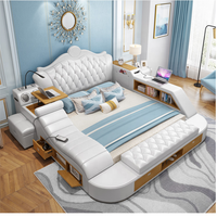 Juego de cama multifuncional de cuero genuino, muebles con almacenamiento, tamaño king, moderno e inteligente