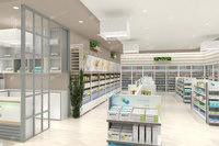 07-QXJYS Conception de pharmacie, thème vert clair, magasin d'équipements médicaux avec îlot ovale pour projet de santé communautaire