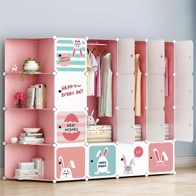 Schrank Baby Kinder Kleiderschrank Schrank Farbe mit Schubladen Kunststoff-Design Kunststoff moderner Kinderkleiderschrank Karikatur rosa 20-teiliges Set