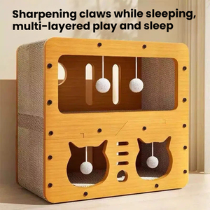 <strong>Cat</strong> Scratcher House Bed 2-in-1 Corrugated Paper Wooden MDF Bamboo Grain Durable No Shedding with Teaser Ball Pet Furniture <strong>Sofa</strong> - Product Image 3