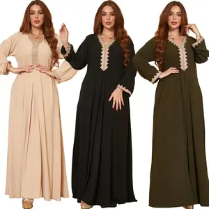 V-Neck Sequin Beading Dresses Turkey Ladies Women Dubai Islamic Clothing Abaya Supplier