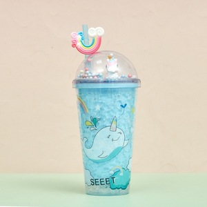 Gobelet en plastique 450 ml à double paroi avec paille, motif licorne baleine arc-en-ciel, décor nuage arc-en-ciel, couvercle dôme, mignon et mini - Product Image 2