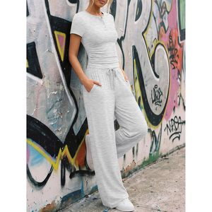 Conjunto de 2 Piezas para Mujer, Estilo Lounge, Pantalones Anchos de Verano, Ropa Casual para Vacaciones, Top de Manga Corta Tejido Transpirable - Product Image 5