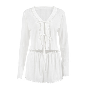 Conjunto <span class=keywords><strong>de</strong></span> Pijama Transpirable con Diseño Jacquard Blanco, con Cárdigan <span class=keywords><strong>de</strong></span> Manga Larga y Pantalones Cortos para Mujer, Ropa <span class=keywords><strong>de</strong></span> Dormir, Primavera/Verano/<span class=keywords><strong>Invierno</strong></span> 2026 - Product Image 4