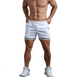 White Men's Casual Shorts With Rainbow Stripe <b>Elastic</b> Waist Breathable Polyester Short Length Mid Rise Sportwear made Bangladesh - Product Image 1
