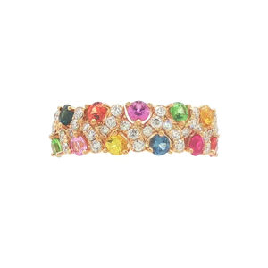 Anillo de banda ancha con pavé de diamantes y zafiros multicolor en oro rosa de 18 quilates, joyería de lujo vibrante para mujer - Product Image 1