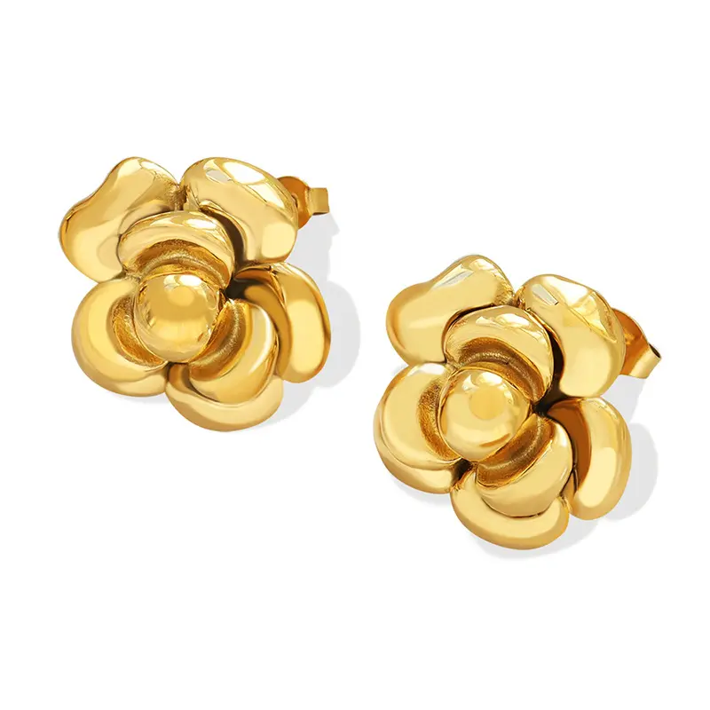 Fashion Retro 18K Gold Plated Stainless Steel 3D Exaggerated Chunky Huge Rose Camellia Flower Stud Earrings For Women