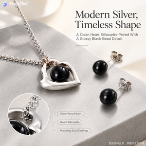 Conjunto de collar y pendientes de cuentas negras con forma de corazón hueco para mujer, de alta calidad, estilo retro, ligero, de acero de titanio en tono plateado - Product Image 5