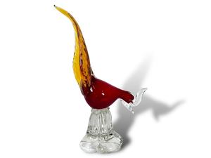 Figurine d'oiseau en verre soufflé à la main, corps rouge, ailes jaunes, base transparente, sculpture animale, objet d'art décoratif - Product Image 1