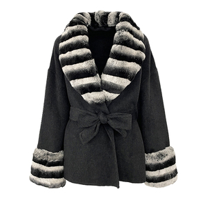 Abrigo de Primavera Elegante e Informal para Mujer, Tejido de Lana de Doble Cara, con Cuello y Puños de Piel de Conejo Rex Teñida de Chinchilla, Cinturón, Chaqueta Gruesa - Product Image 2