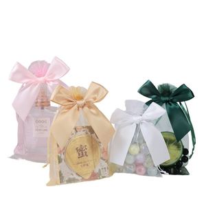 Vantpack Pre-tied Polyester Organza Bag Bow 15x20cm Drawstring Sheer Mesh Pouch Hot Stamped Wedding Toy <b>Candy</b> Jewelry Packaging - Product Image 1