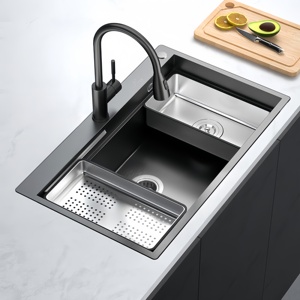 Évier de cuisine intégré en acier inoxydable 304 fait main, grand bac unique, design moderne en titane nano noir - Product Image 1