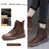 Sepatu Bot Kulit Asli 2025 Tahan Air Bernapas Retro Tinggi Mata Kaki Penambah Tinggi Musim Gugur Musim Dingin Berbahan Beludru Hak Tebal Sol Tebal