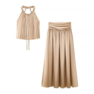 Ensemble deux pièces personnalisé 2026 pour femme, haut et <span class=keywords><strong>jupe</strong></span> dos nu <span class=keywords><strong>en</strong></span> satin de soie uni, style vintage, pour resort de vacances, OEM/ODM par usine de vêtements chinoise - Product Image 1