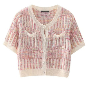 Women's Short Sleeve Knit <b>Cardigan</b> Cotton Contrast Color <b>Spring</b> Summer Sweater - Product Image 1