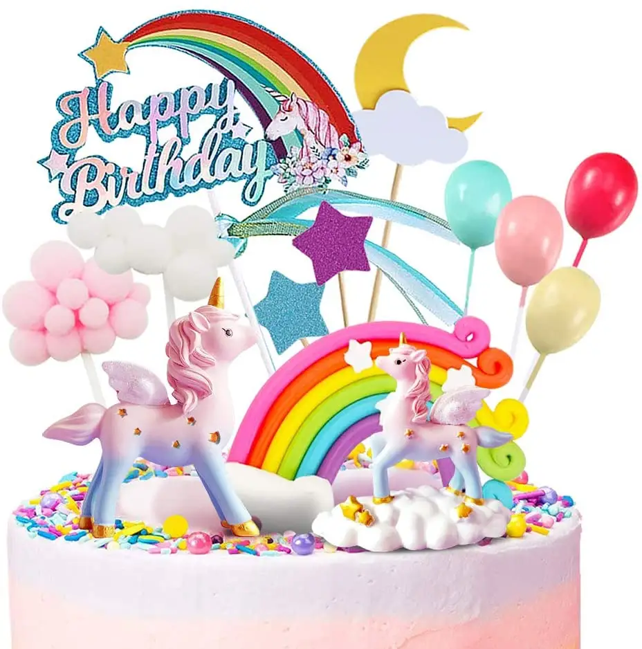 LEMON 23pcs Magic Unicorn Sculpture Cake Topper Rainbow Banner Cloud Balloon Stars Cake Toppers Happy Birthday Party Decorations